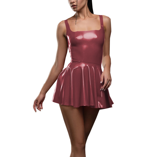 Summer Solid Color Sleeveless Mini Dress Womens Sweet Square Collar High Waist A-line Dress Vinyl PVC Leather Sexy Pleated Dress
