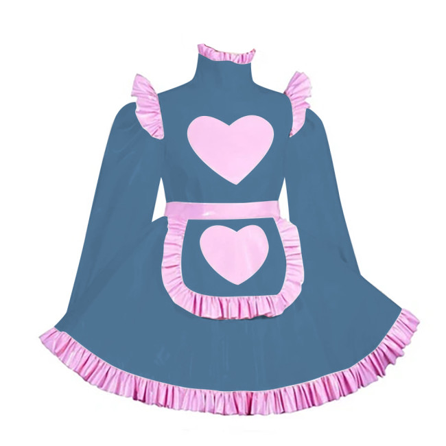Lockable Adult Cross Dressing Pleated Mini Maid Dress Sissy Lolita Heart A-line PVC Dress with Apron Halloween Cosplay Outfits