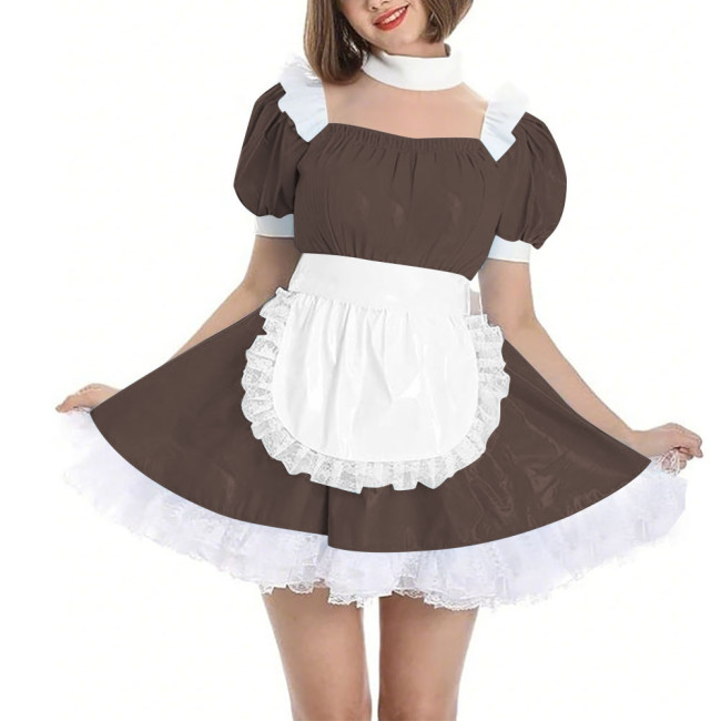 Womens Wetlook Maid Outfit Anime French Apron Lolita Maid Uniforms Cross-dresser Mini Maid Fancy Dress Cosplay Costume for Party