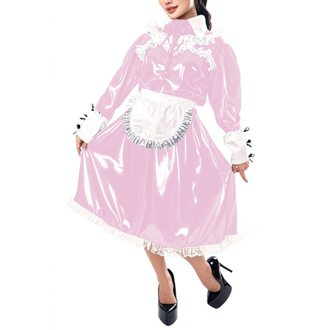 Mens Sissy Maid Cosplay Outfit Long Sleeve Lace Maid Servant Uniform Shiny PVC Leather A-line Maid Dress with Apron Crossdresser