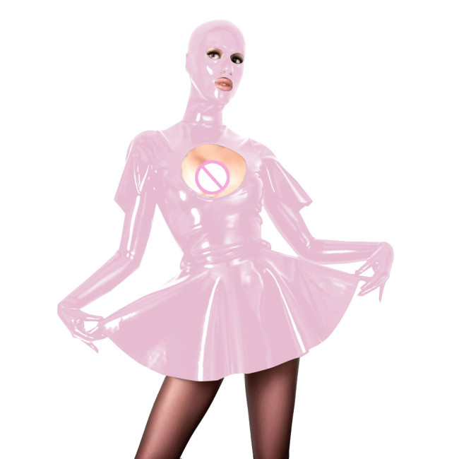 Novelty Pleated Mini Dress with Masked Hood Sexy Hollow  Vinyl PVC Leather Long Sleeve Short Swing Dress Sissy Wetlook Clubwear