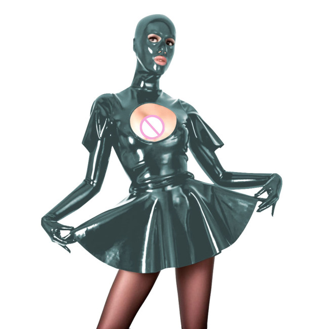 Novelty Pleated Mini Dress with Masked Hood Sexy Hollow  Vinyl PVC Leather Long Sleeve Short Swing Dress Sissy Wetlook Clubwear