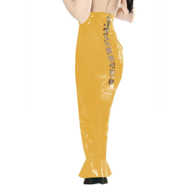 New Sexy Back Lace Up Hollowed Out Skirts Wetlook Mermaid Slim Fit PVC Leather Bodycon Long Skrts Sissy Lockable Spanking Skirt