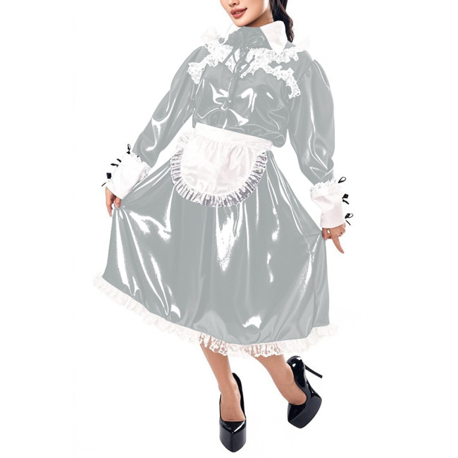 Mens Sissy Maid Cosplay Outfit Long Sleeve Lace Maid Servant Uniform Shiny PVC Leather A-line Maid Dress with Apron Crossdresser