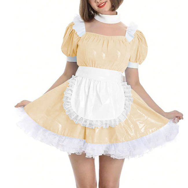 Womens Wetlook Maid Outfit Anime French Apron Lolita Maid Uniforms Cross-dresser Mini Maid Fancy Dress Cosplay Costume for Party