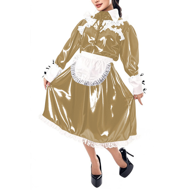 Mens Sissy Maid Cosplay Outfit Long Sleeve Lace Maid Servant Uniform Shiny PVC Leather A-line Maid Dress with Apron Crossdresser