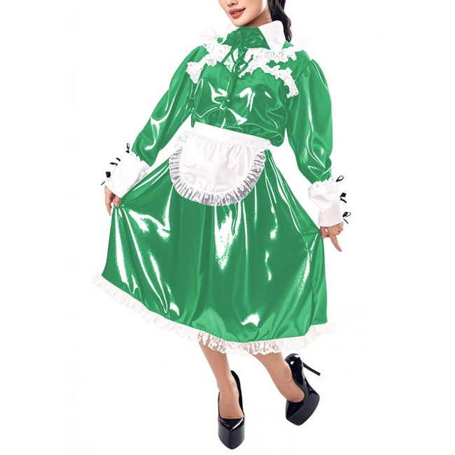 Mens Sissy Maid Cosplay Outfit Long Sleeve Lace Maid Servant Uniform Shiny PVC Leather A-line Maid Dress with Apron Crossdresser
