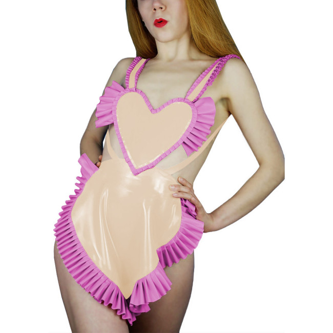 Sweet Sexy Backless Heart Apron Erotic Dress Shiny PVC Leather Ruffled Shoulder Strap Apron Raves Party Cosplay Accessories 7XL