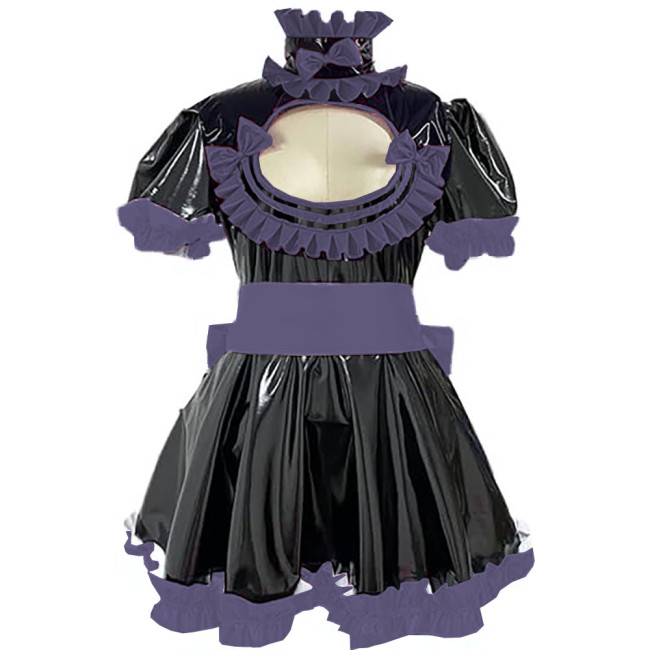 Cross Dresser Ruffles Hem A-line Maid Dresses Sissy Vinyl PVC Leather Lolita Maid Dress Exotic Hollow Pleat Short Dress Outfits