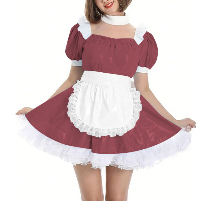 Womens Wetlook Maid Outfit Anime French Apron Lolita Maid Uniforms Cross-dresser Mini Maid Fancy Dress Cosplay Costume for Party