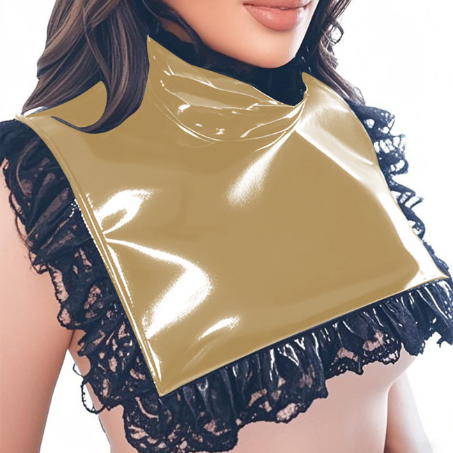 Lolita Wetlook High Neck Bib Collar Glossy PVC Leather Square Collar with Pleated Lace Trim Raves Party Cosplay Neckwear Cape