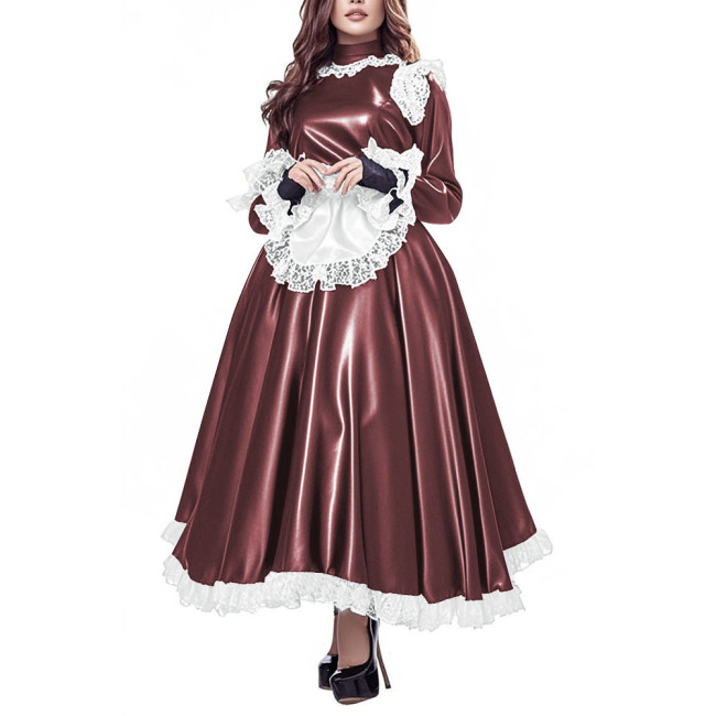 Party Gothic Maid Long Dress Elegant Lolita PU Leather High Waist Maid Dresses with Apron Cross-dresser Cosplay Maid Uniforms