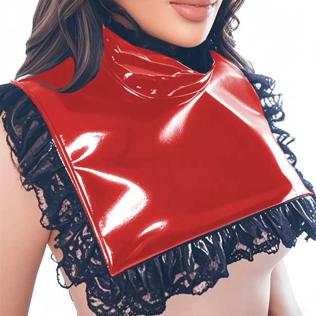 Lolita Wetlook High Neck Bib Collar Glossy PVC Leather Square Collar with Pleated Lace Trim Raves Party Cosplay Neckwear Cape