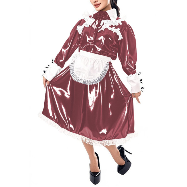Mens Sissy Maid Cosplay Outfit Long Sleeve Lace Maid Servant Uniform Shiny PVC Leather A-line Maid Dress with Apron Crossdresser
