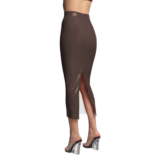 Sissy Slim Fit Midi Shiny PVC Leather Pencil Skirt High Waist Zipper Back Slit Long Office Skirts Fashion Bodycon Streetwear