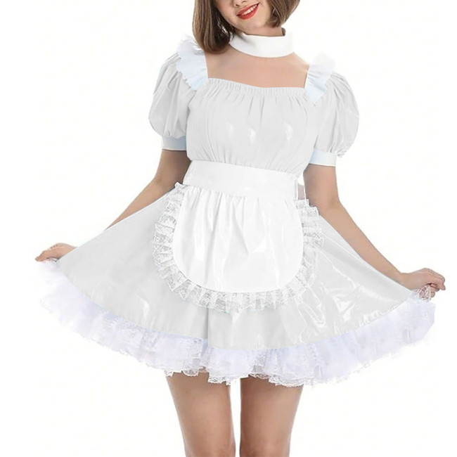 Womens Wetlook Maid Outfit Anime French Apron Lolita Maid Uniforms Cross-dresser Mini Maid Fancy Dress Cosplay Costume for Party