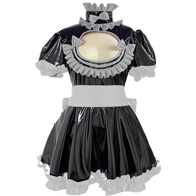 Cross Dresser Ruffles Hem A-line Maid Dresses Sissy Vinyl PVC Leather Lolita Maid Dress Exotic Hollow Pleat Short Dress Outfits