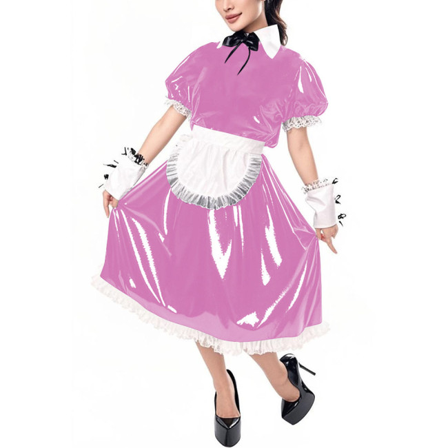 Sissy Puff Short Sleeve Vinyl PVC Maid Dresses Halloween Party Cosplay Servant Uniform Cross Dresser Midi Maid Dress with Apron
