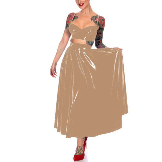 Summer Crop Tank Pleated Long Skirt Sets Women Strap Sleeveless Vest and High Waist A-line Skrits Wetlook PVC Club Dress Suits