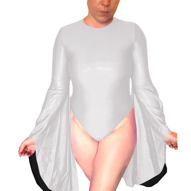 Sissy Shiny High Cut Leotard Flared Long Sleeve Open Back Bodysuit Holographic Laser O-neck Party Cosplay Catsuit Clubwear