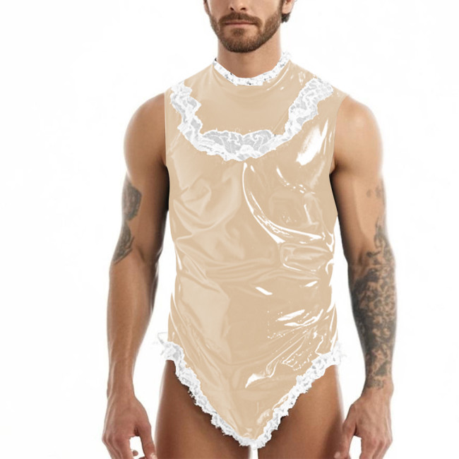 Men Sissy French Maid Bodysuit PVC Wetlook Leather Sleeveless Rompers Ruffles Lace High Neck High Cut Catsuit Cosplay Costume