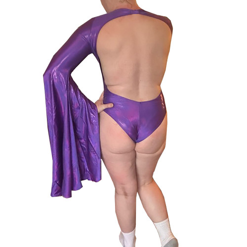 Sissy Shiny High Cut Leotard Flared Long Sleeve Open Back Bodysuit Holographic Laser O-neck Party Cosplay Catsuit Clubwear
