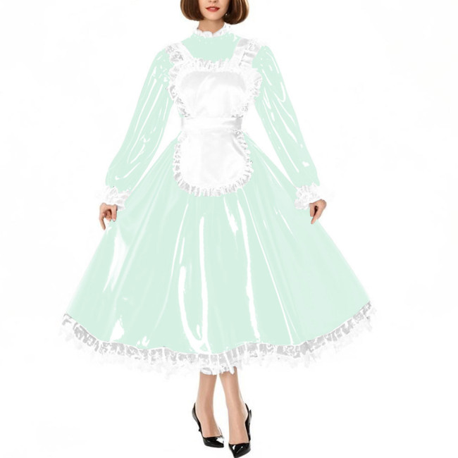 Sissy Crossdress Maid Cosplay Dress Outfits Puff Long Sleeve Lockable Long A-line Lolita Maid Dress Wetlook Apron Servant Dress