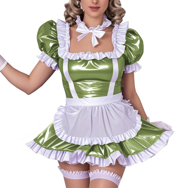 Square Neck Ruffled Edge Sexy Maid Dress Outfits Sissy Wetlook PVC Leather A-Line Dress Sets Raves Party Cosplay Maid Uniforms