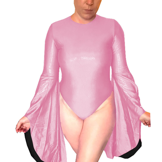 Sissy Shiny High Cut Leotard Flared Long Sleeve Open Back Bodysuit Holographic Laser O-neck Party Cosplay Catsuit Clubwear