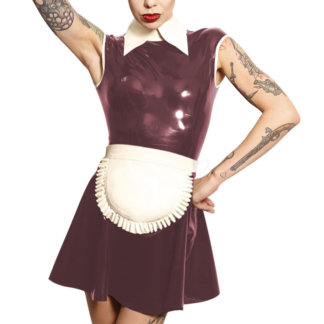 Mens Sissy Latex-look Maid Outfit Sleeveless A-line Mini Dress with Apron Unisex PVC Maid Uniforms Raves Party Cosplay Costume