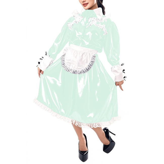 Mens Sissy Maid Cosplay Outfit Long Sleeve Lace Maid Servant Uniform Shiny PVC Leather A-line Maid Dress with Apron Crossdresser