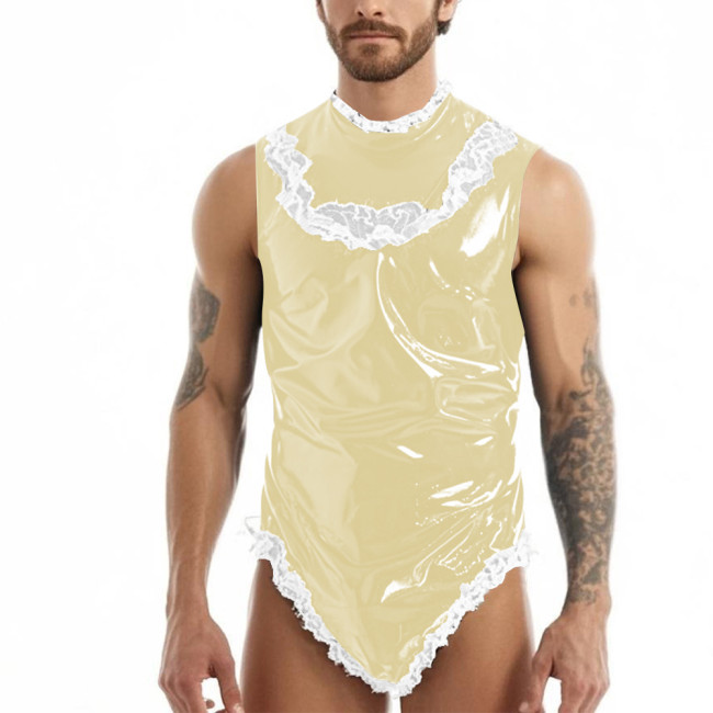 Men Sissy French Maid Bodysuit PVC Wetlook Leather Sleeveless Rompers Ruffles Lace High Neck High Cut Catsuit Cosplay Costume