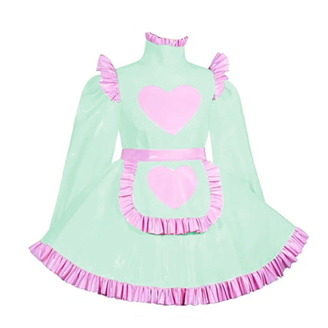 Lockable Adult Cross Dressing Pleated Mini Maid Dress Sissy Lolita Heart A-line PVC Dress with Apron Halloween Cosplay Outfits