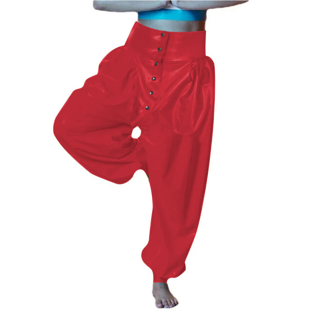 Vinyl PVC Leather Party Bloomers Pants Sissy High Waist Loose Lantern Pants Fashion Button-up Open Crotch Pants Female Trouster