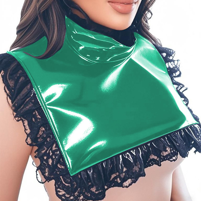 Lolita Wetlook High Neck Bib Collar Glossy PVC Leather Square Collar with Pleated Lace Trim Raves Party Cosplay Neckwear Cape