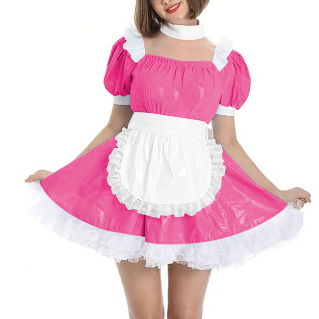 Womens Wetlook Maid Outfit Anime French Apron Lolita Maid Uniforms Cross-dresser Mini Maid Fancy Dress Cosplay Costume for Party