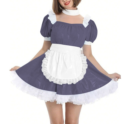 Womens Wetlook Maid Outfit Anime French Apron Lolita Maid Uniforms Cross-dresser Mini Maid Fancy Dress Cosplay Costume for Party