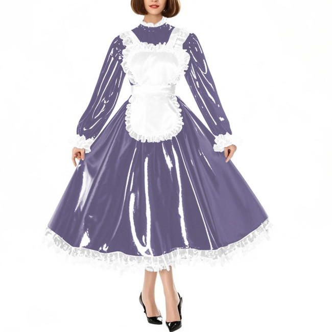 Sissy Crossdress Maid Cosplay Dress Outfits Puff Long Sleeve Lockable Long A-line Lolita Maid Dress Wetlook Apron Servant Dress