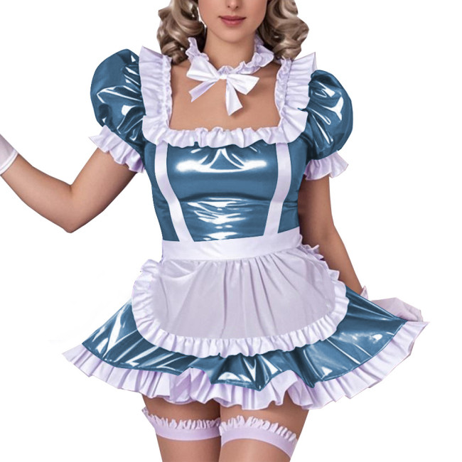 Square Neck Ruffled Edge Sexy Maid Dress Outfits Sissy Wetlook PVC Leather A-Line Dress Sets Raves Party Cosplay Maid Uniforms