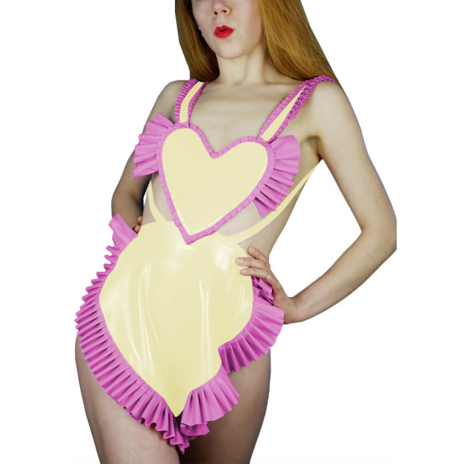 Sweet Sexy Backless Heart Apron Erotic Dress Shiny PVC Leather Ruffled Shoulder Strap Apron Raves Party Cosplay Accessories 7XL