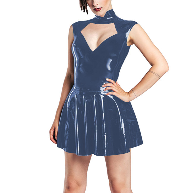 Punk Sexy PVC Shiny Wet Look Mini Dress Sissy Open Hollow Out Pole Dance Dress Sleeveless Pleated A-line Party Dress Clubwear