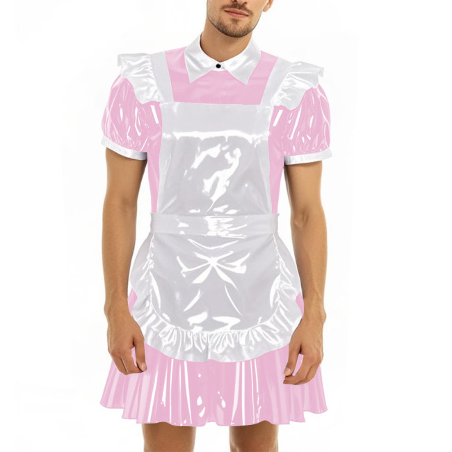 Mens Sissy Party Maid Uniforms Cross-dresser Vinyl Short Sleeve PVC Leather Mini Dress with Apron French Maid Cosplay Dress Sets