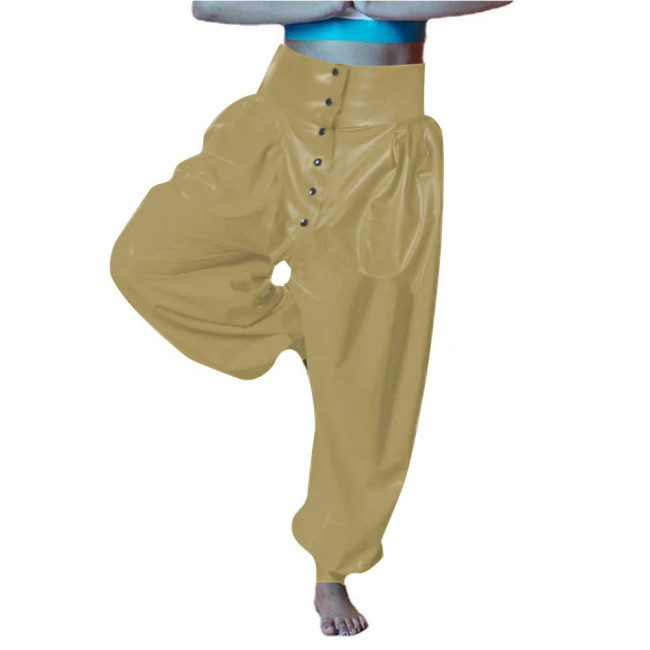 Vinyl PVC Leather Party Bloomers Pants Sissy High Waist Loose Lantern Pants Fashion Button-up Open Crotch Pants Female Trouster