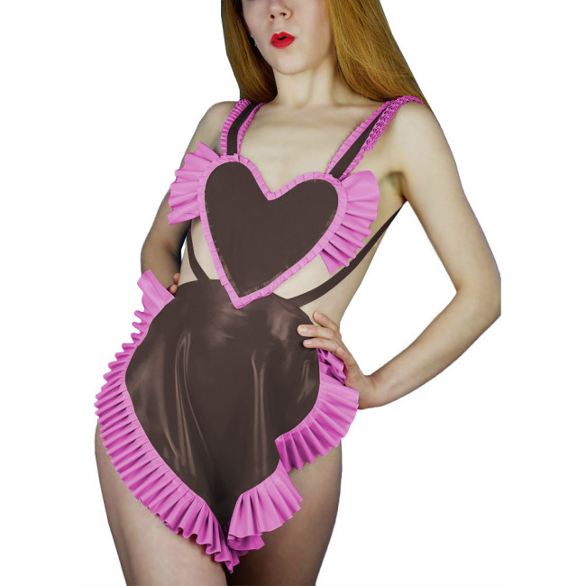 Sweet Sexy Backless Heart Apron Erotic Dress Shiny PVC Leather Ruffled Shoulder Strap Apron Raves Party Cosplay Accessories 7XL