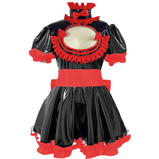 Cross Dresser Ruffles Hem A-line Maid Dresses Sissy Vinyl PVC Leather Lolita Maid Dress Exotic Hollow Pleat Short Dress Outfits