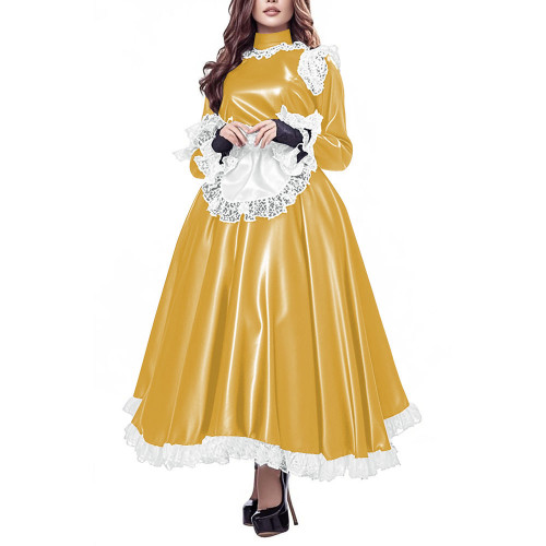 Party Gothic Maid Long Dress Elegant Lolita PU Leather High Waist Maid Dresses with Apron Cross-dresser Cosplay Maid Uniforms