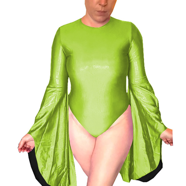 Sissy Shiny High Cut Leotard Flared Long Sleeve Open Back Bodysuit Holographic Laser O-neck Party Cosplay Catsuit Clubwear