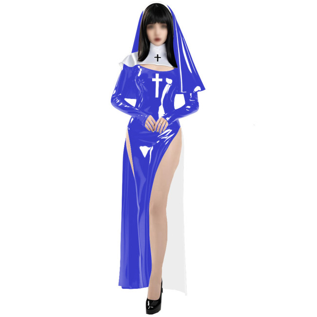 Sissy Party Nun Cosplay Costume Shiny PVC Long Sleeve Dress Uniform Wetlook Halloween Outfit Adult Sexy Nun Dress with Headgear