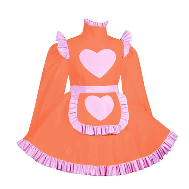 Lockable Adult Cross Dressing Pleated Mini Maid Dress Sissy Lolita Heart A-line PVC Dress with Apron Halloween Cosplay Outfits