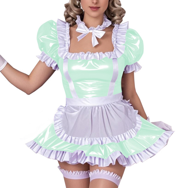 Square Neck Ruffled Edge Sexy Maid Dress Outfits Sissy Wetlook PVC Leather A-Line Dress Sets Raves Party Cosplay Maid Uniforms
